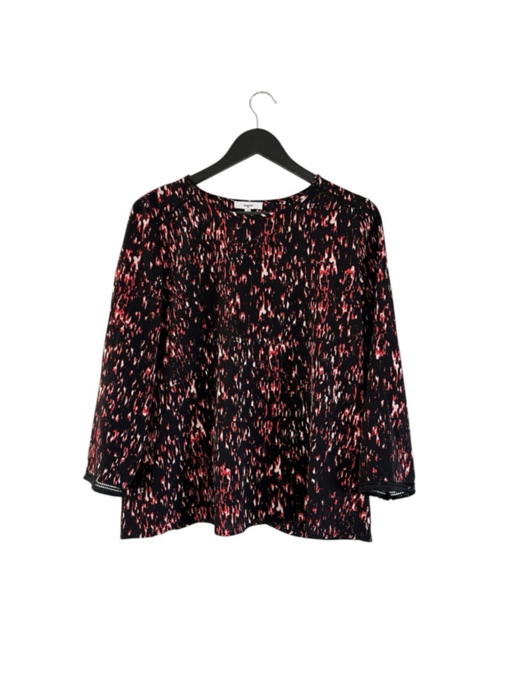 SUNCOO Black and Red Patterned Blouse Size T3 Large Open Back 3/4 Sleeves